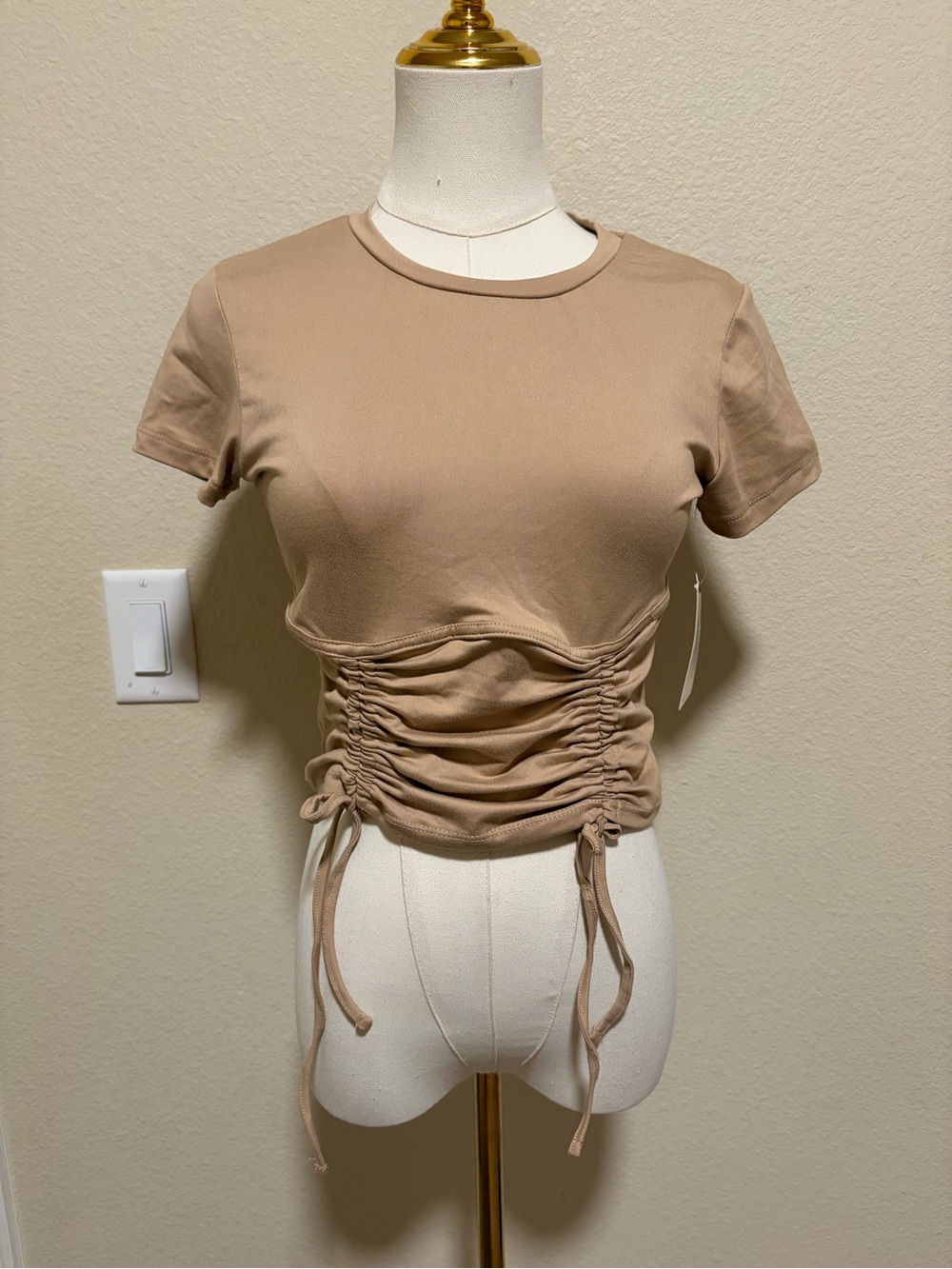 No Comment Ruched Drawstring Crop Top in Beige